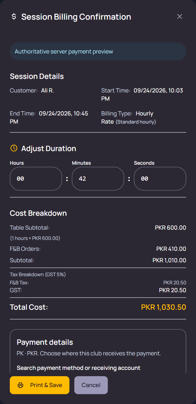 Session billing: table time, food and drinks, GST and total, with adjustable duration