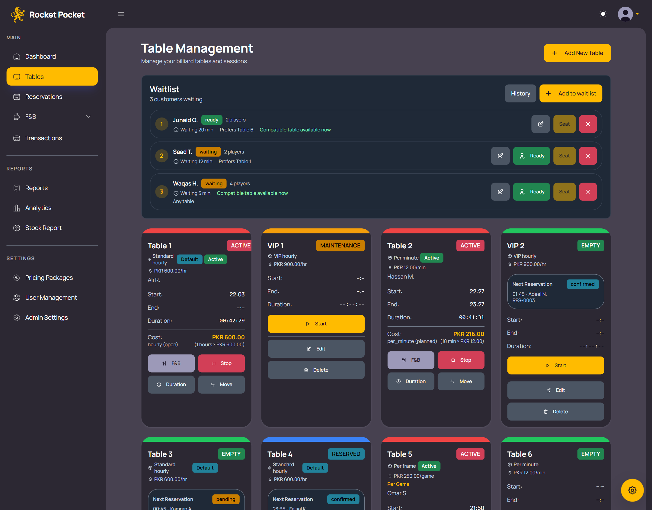 Table board with the waitlist, running timers, costs and statuses